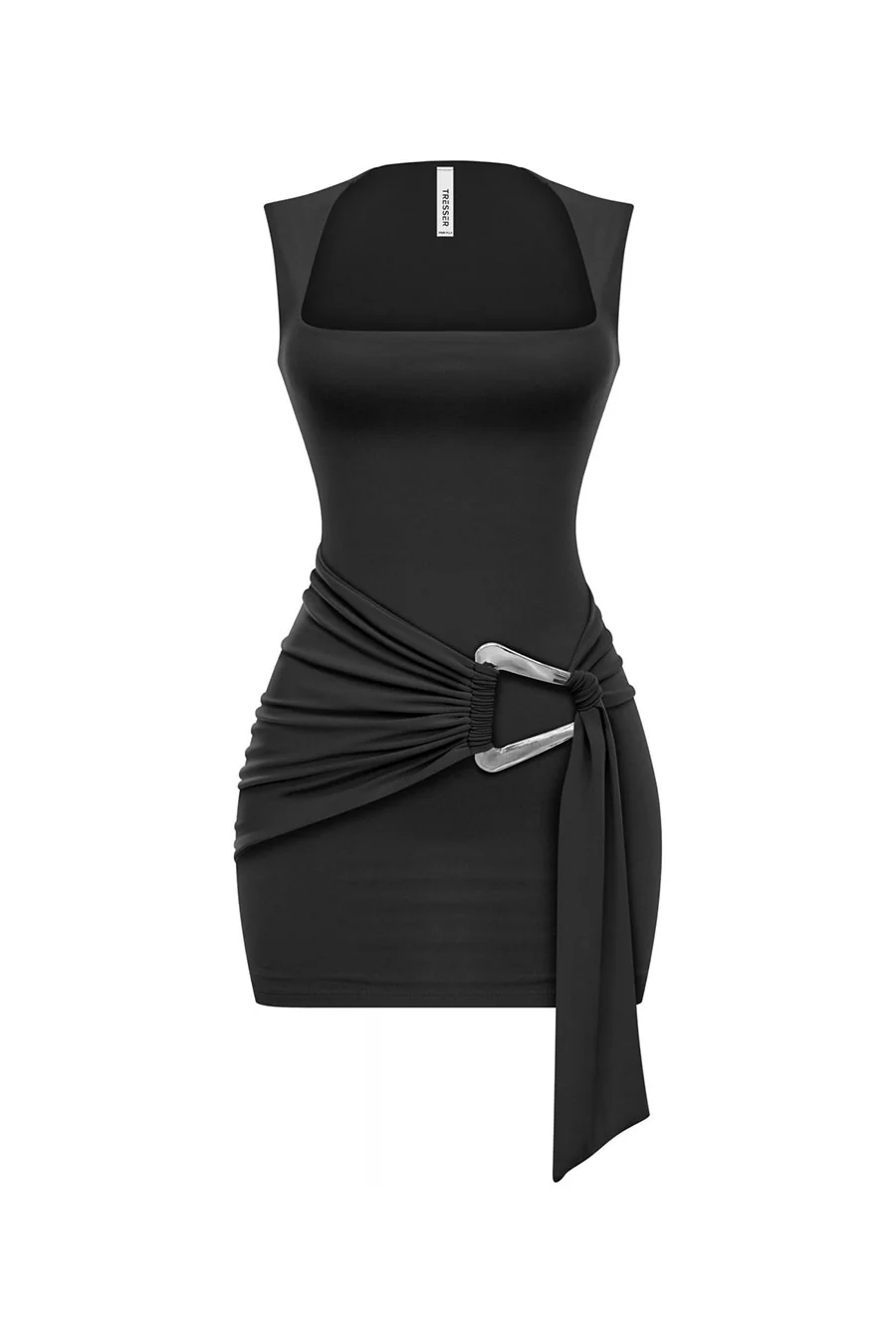 Tresser™ Sleeveless Square Neck Drape Metal Buckle Sash Belt Bodycon Dress