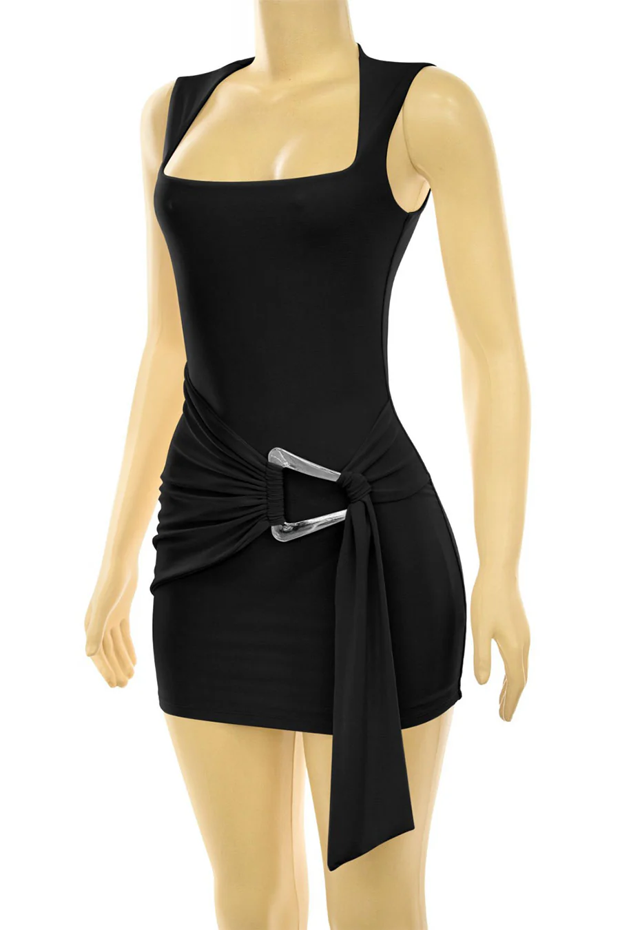 Tresser™ Sleeveless Square Neck Drape Metal Buckle Sash Belt Bodycon Dress - Image 5