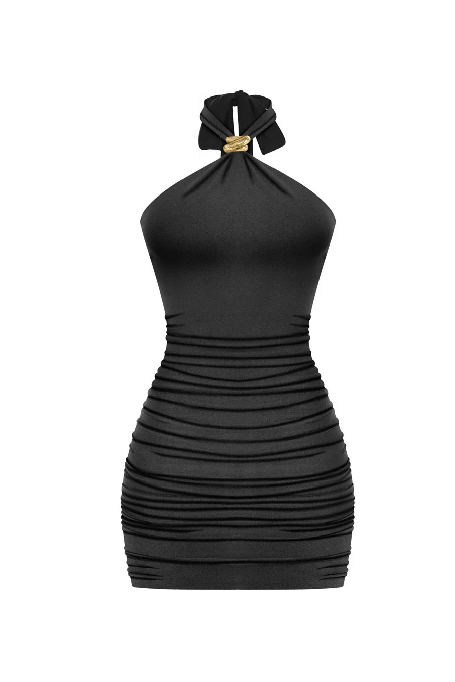 Tresser™ Sleveless Metal Buckle Halter Neck Ruched Mini Bodycon Dress