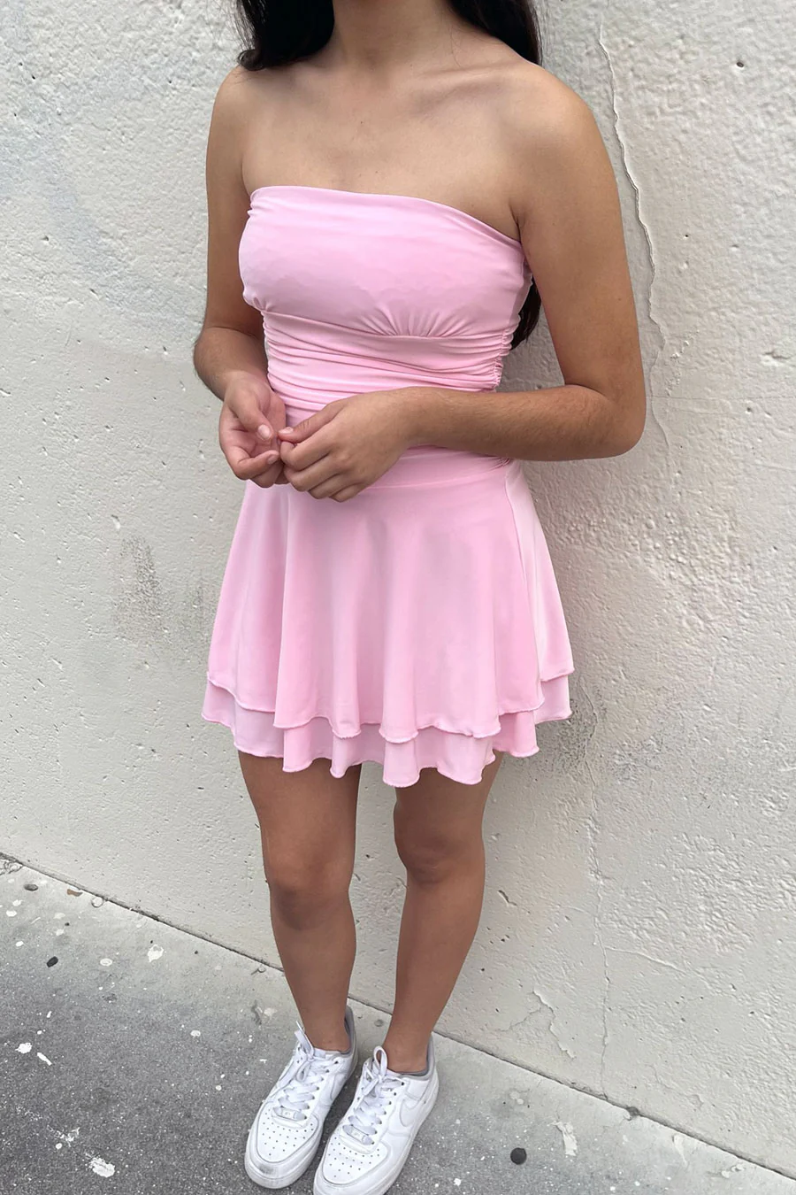 Tresser™ Strapless Ruched Ruffle Tiered Mini Dress - Image 6