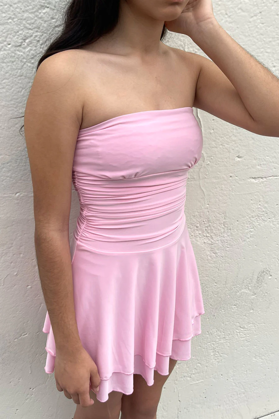 Tresser™ Strapless Ruched Ruffle Tiered Mini Dress - Image 7