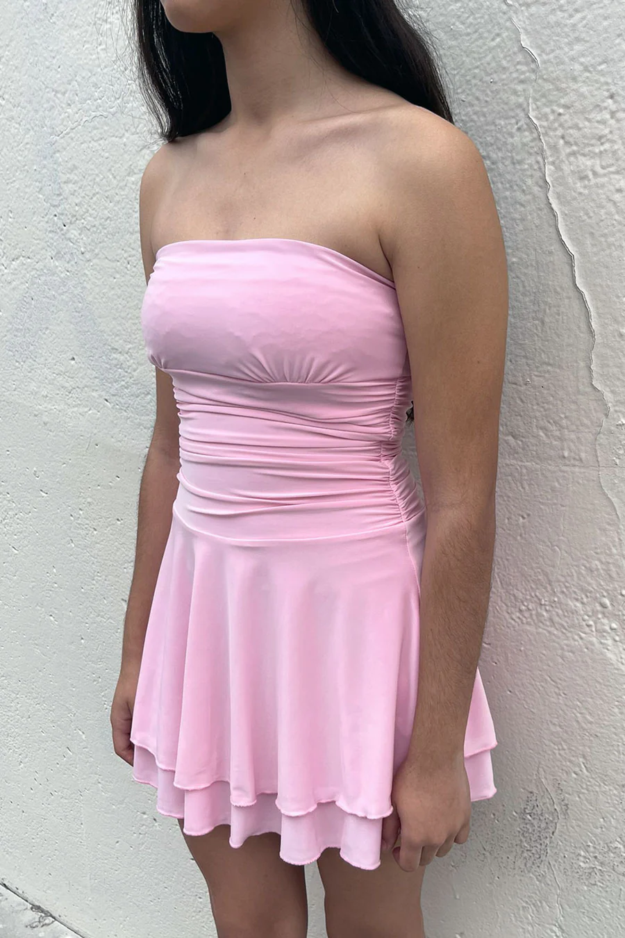 Tresser™ Strapless Ruched Ruffle Tiered Mini Dress - Image 8