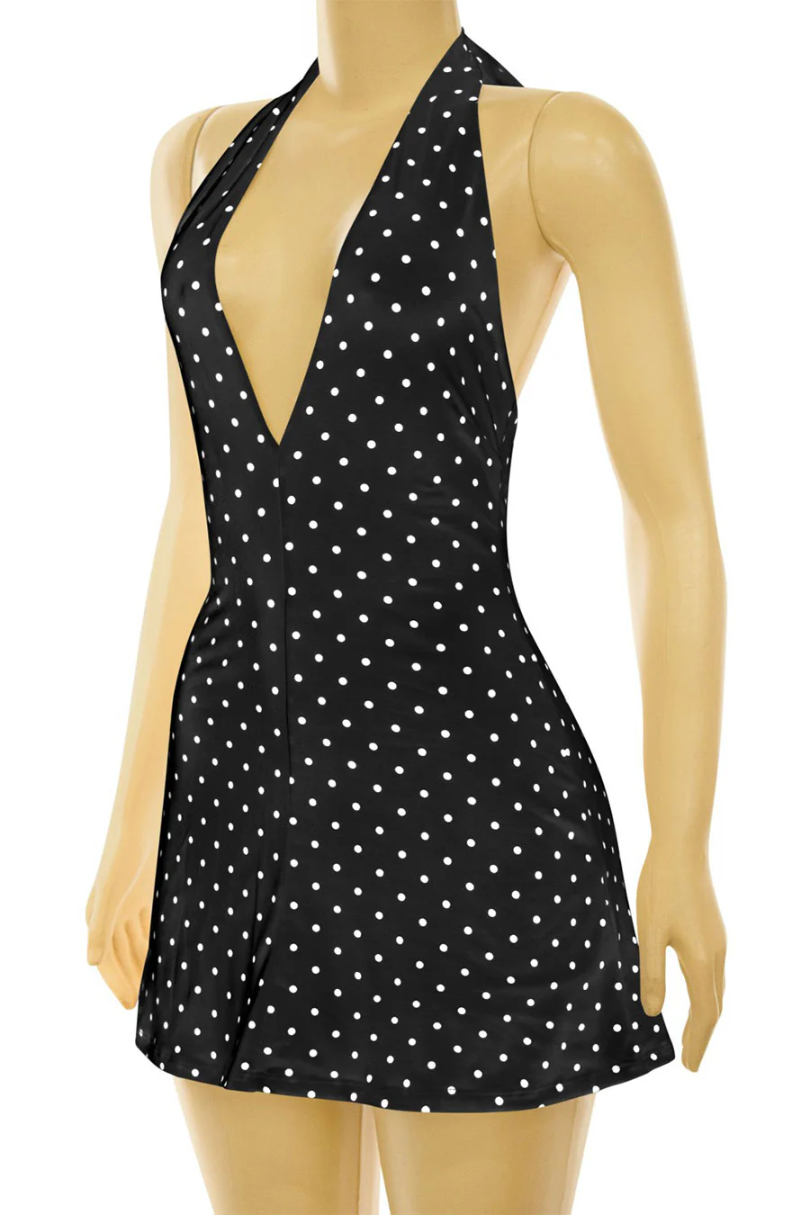 Tresser™ Vintage Style Halter Plunging V-Neck Polka Dot Mini Bodycon Dress with Inner Shorts - Image 4