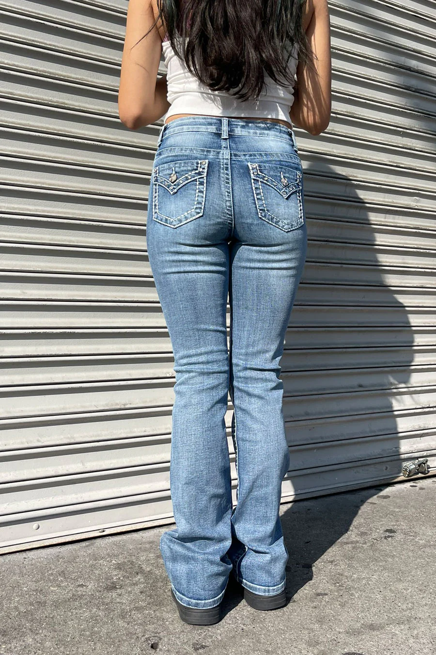 WAXJEAN Y2K Rhinestone Back Pocket Bootcut Jean with Heavy Stitches & Great Stretch - Image 5