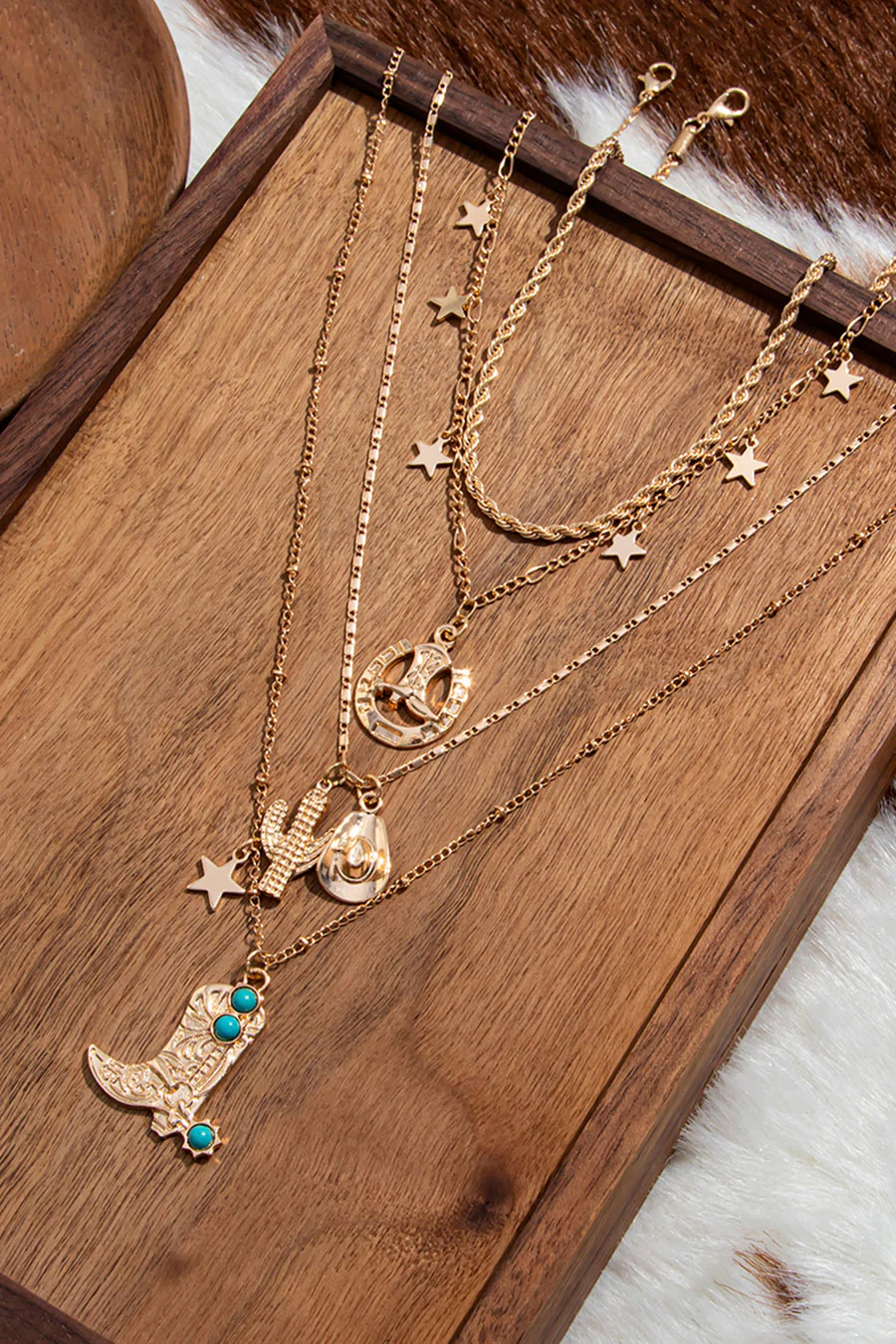 Western Vintage Style 4pcs Set Layered Chains with Cowboy Boots/Hat/Cactus Pendant Necklaces - Image 3
