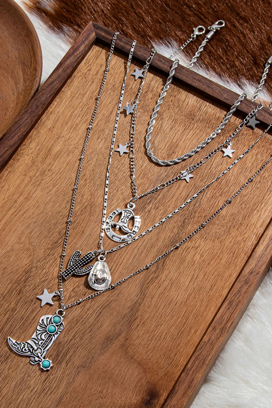 Western Vintage Style 4pcs Set Layered Chains with Cowboy Boots/Hat/Cactus Pendant Necklaces - Image 4