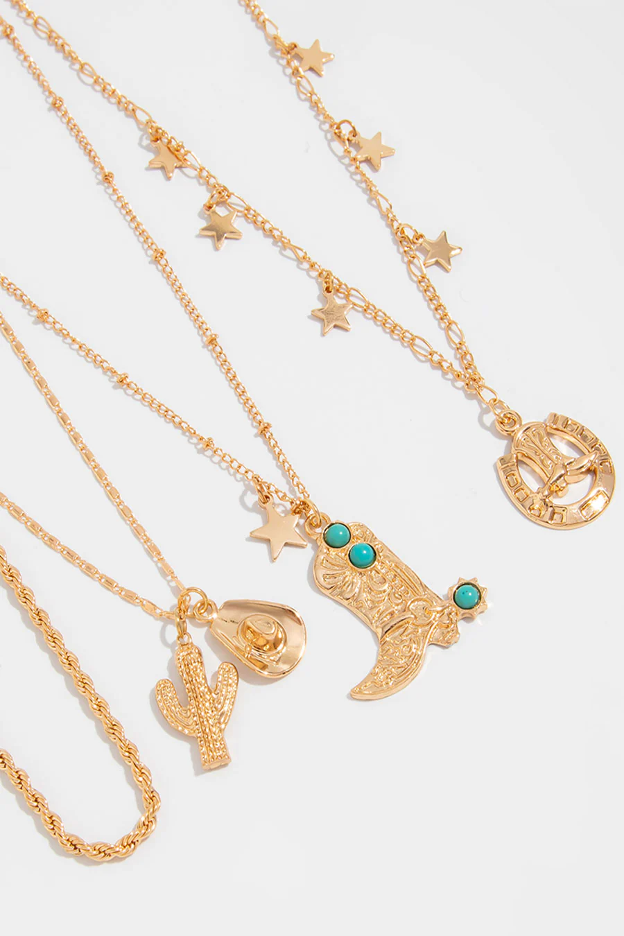 Western Vintage Style 4pcs Set Layered Chains with Cowboy Boots/Hat/Cactus Pendant Necklaces - Image 5