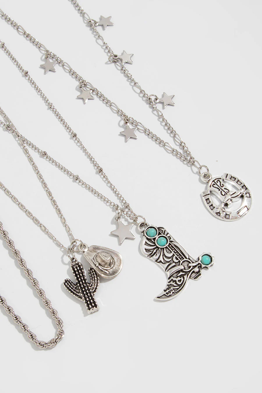 Western Vintage Style 4pcs Set Layered Chains with Cowboy Boots/Hat/Cactus Pendant Necklaces - Image 6