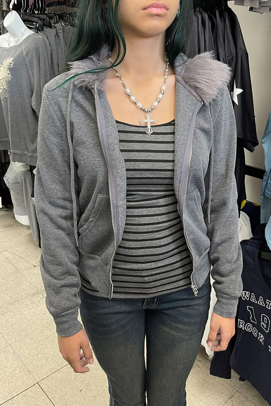 Y2K 2000s Fur Hoodie Cotton Fleece Front Zip-Up Sweatshirt Jacket - Image 3