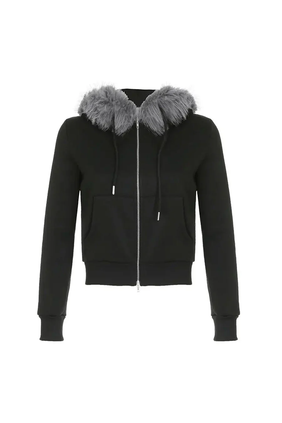 Y2K 2000s Fur Hoodie Cotton Fleece Front Zip-Up Sweatshirt Jacket - Image 5