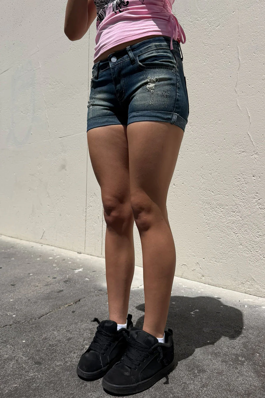 Y2K 2000s Low-Rise Bedazzled Vintage Wash Denim Shorts with Folded Hem - Image 4
