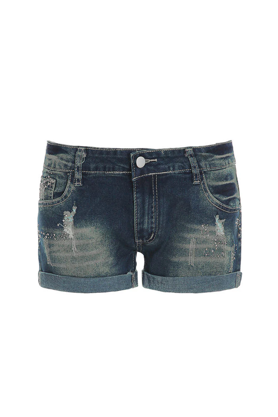 Y2K 2000s Low-Rise Bedazzled Vintage Wash Denim Shorts with Folded Hem - Image 6