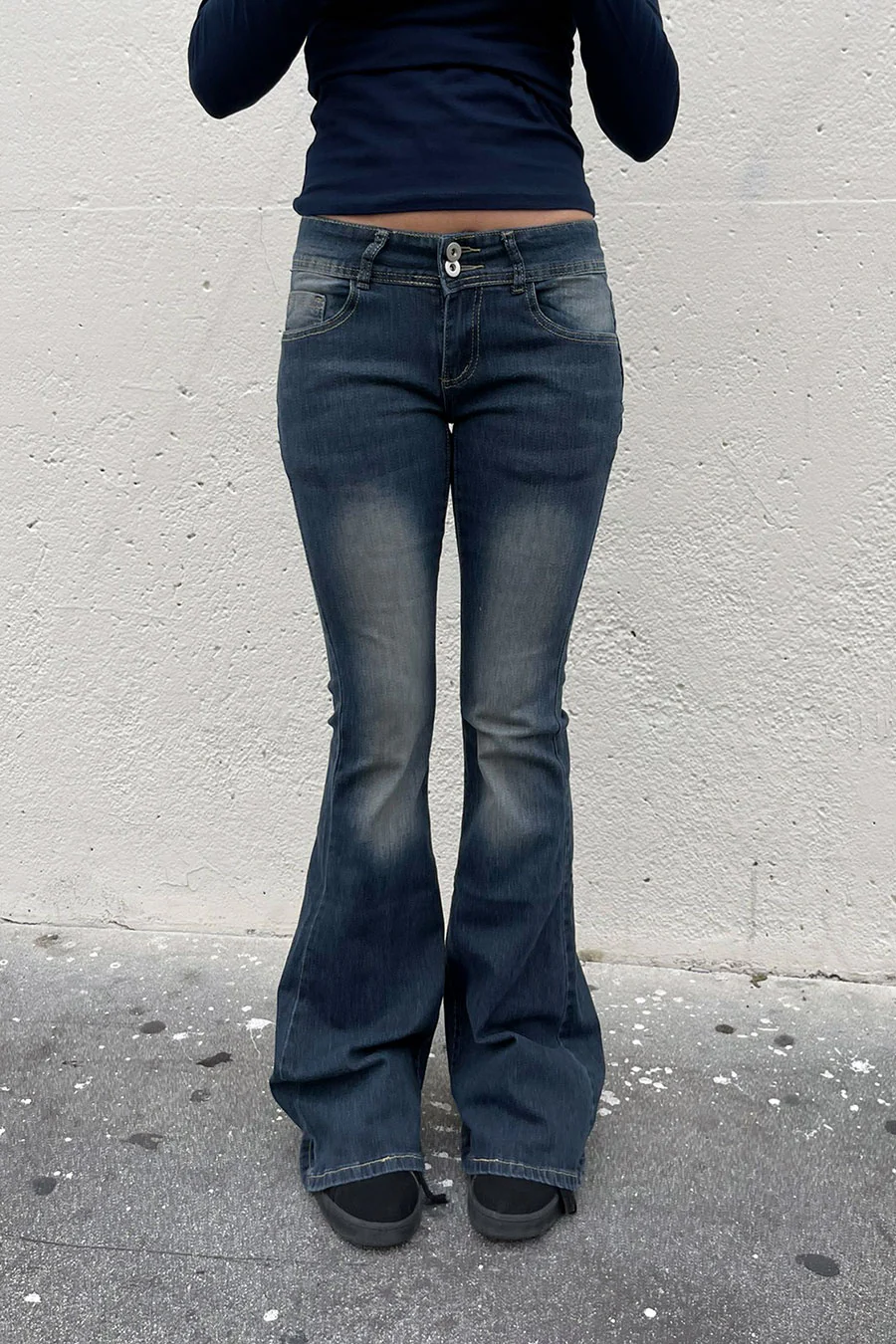 Y2K 2000s Low-Rise Dark Vintage Wash Dual Button Flare Boot Cut Jean with Good Stretch - Image 5