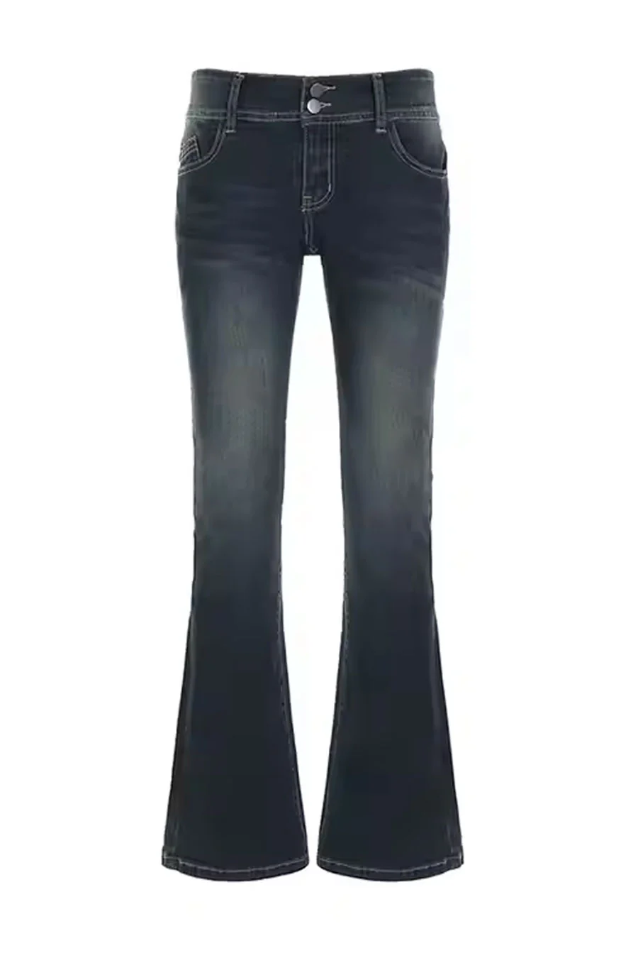 Y2K 2000s Low-Rise Dark Vintage Wash Dual Button Flare Boot Cut Jean with Good Stretch - Image 8