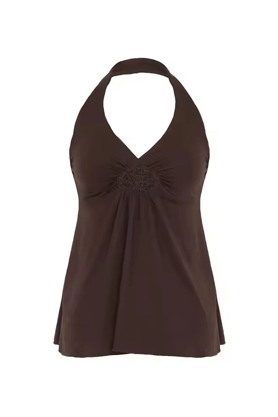 Y2K 2000s Vintage Halter Neck Flare Top with Floral Patch Detail - Image 5