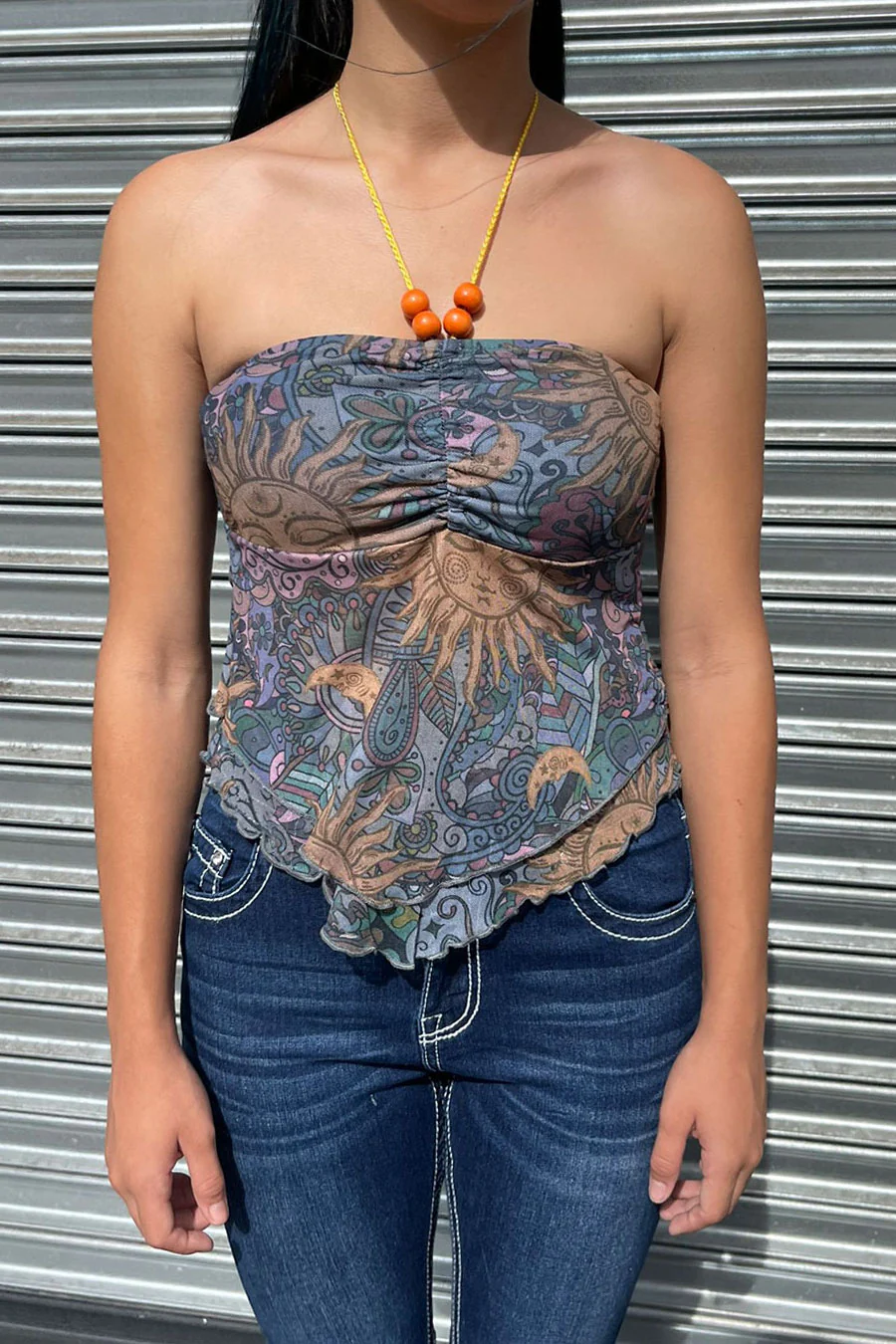 Y2K Bohemian Mesh Print Ruched Tube Halter Top with Beaded Neck Tie - Image 3