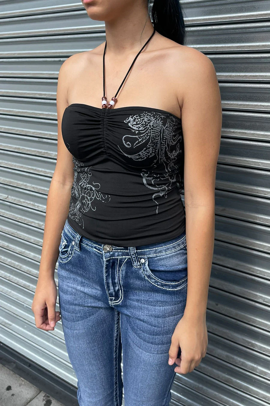 Y2K Tattoo Print Ruched Tube Halter Top with Beaded Neck Tie - Image 3