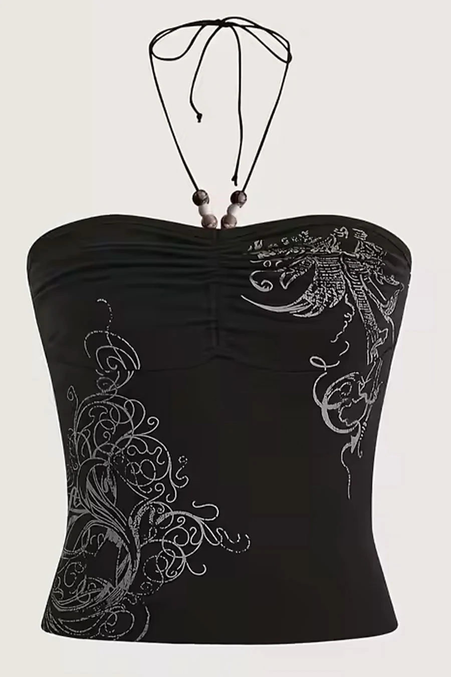 Y2K Tattoo Print Ruched Tube Halter Top with Beaded Neck Tie - Image 5