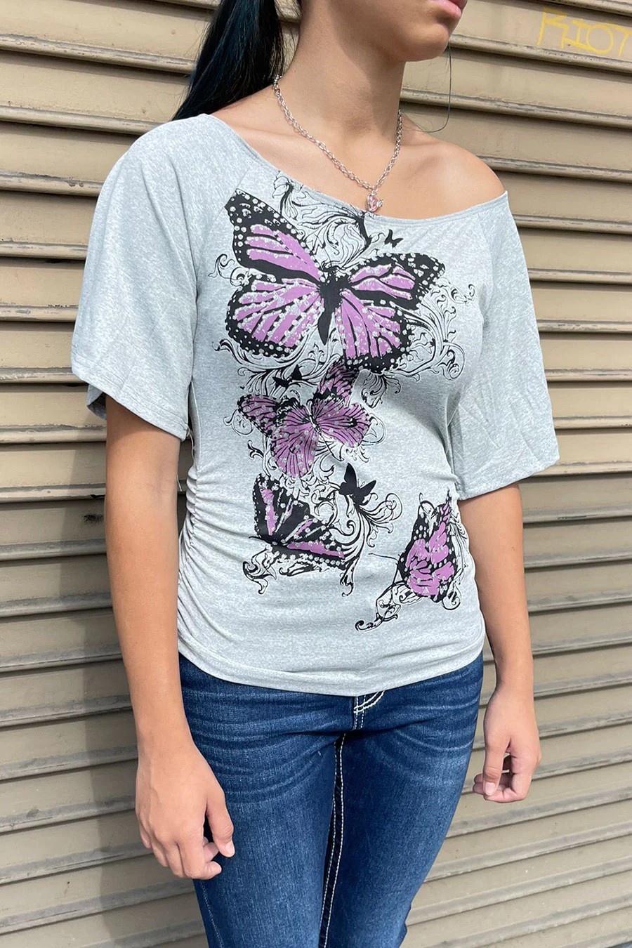 Y2K Butterfly Print Slouch Off-The-Shoulder Loose Fit T-Shirt - Image 3