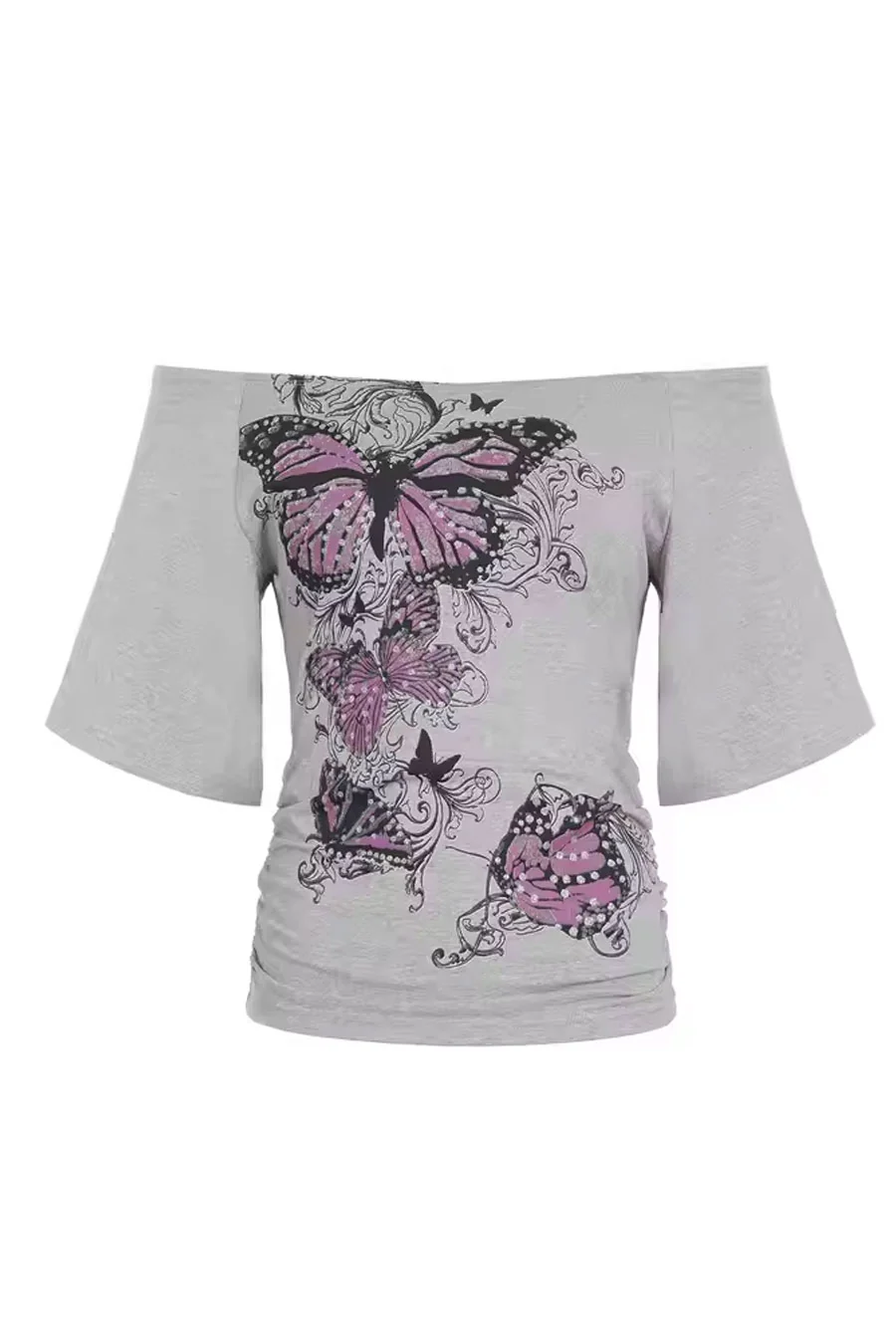 Y2K Butterfly Print Slouch Off-The-Shoulder Loose Fit T-Shirt - Image 5