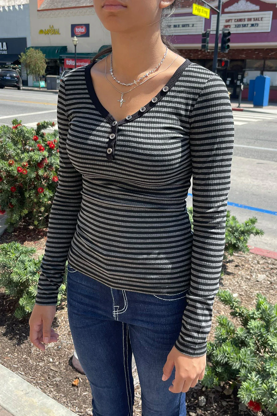 Y2K Button-Down Henley Neck Stripped Long Sleeve Rib Top - Image 2