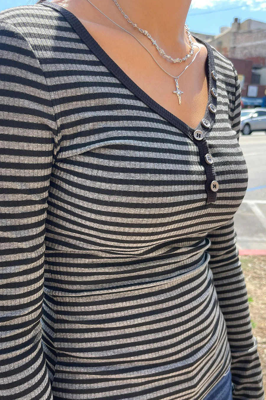 Y2K Button-Down Henley Neck Stripped Long Sleeve Rib Top - Image 3