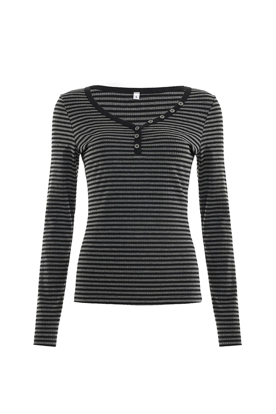 Y2K Button-Down Henley Neck Stripped Long Sleeve Rib Top - Image 4
