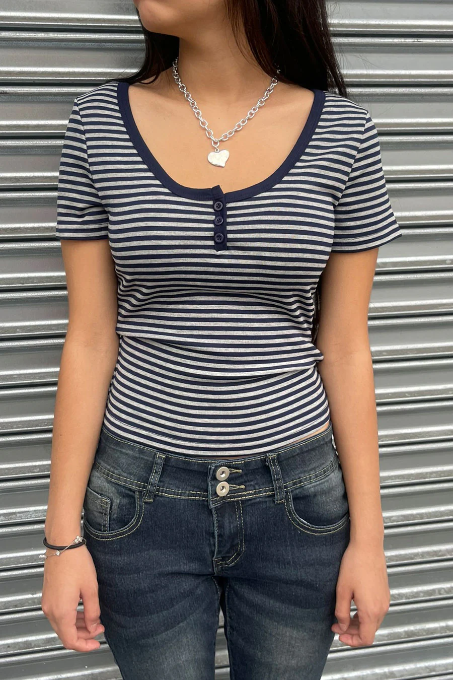 Y2K Button-Front Henley Neck Striped Short Sleeve Crop Shirt - Image 3