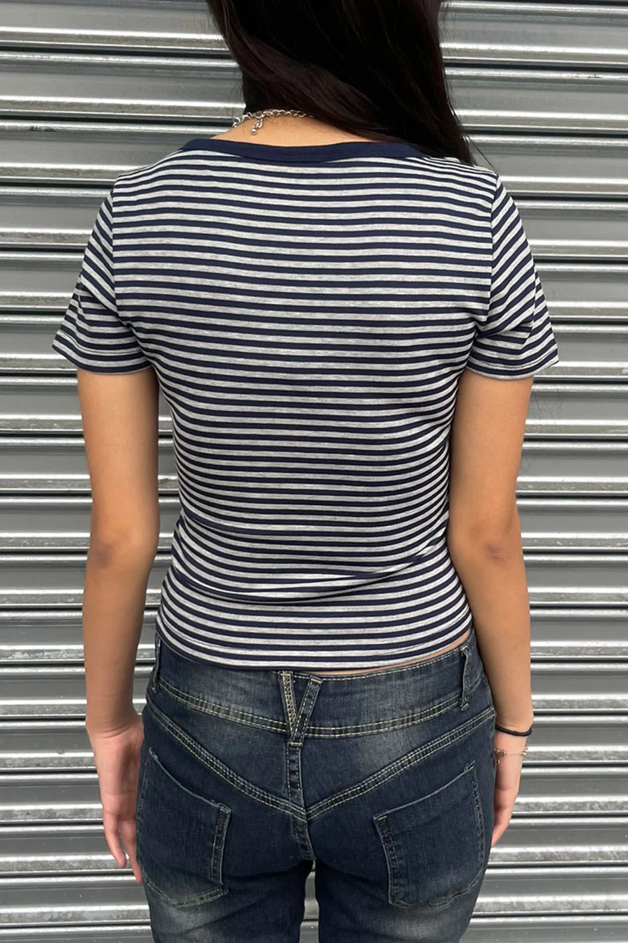 Y2K Button-Front Henley Neck Striped Short Sleeve Crop Shirt - Image 4