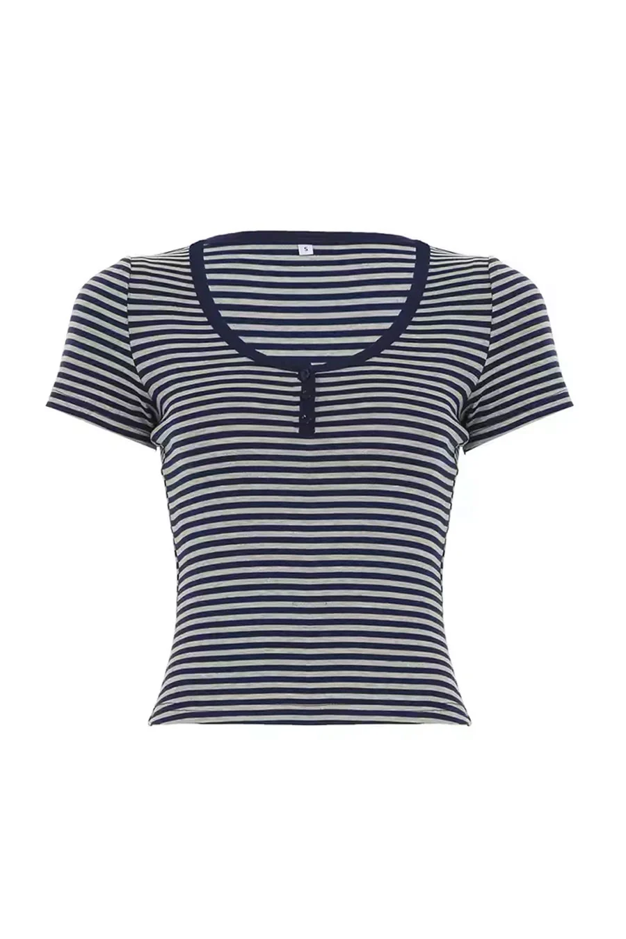 Y2K Button-Front Henley Neck Striped Short Sleeve Crop Shirt - Image 5