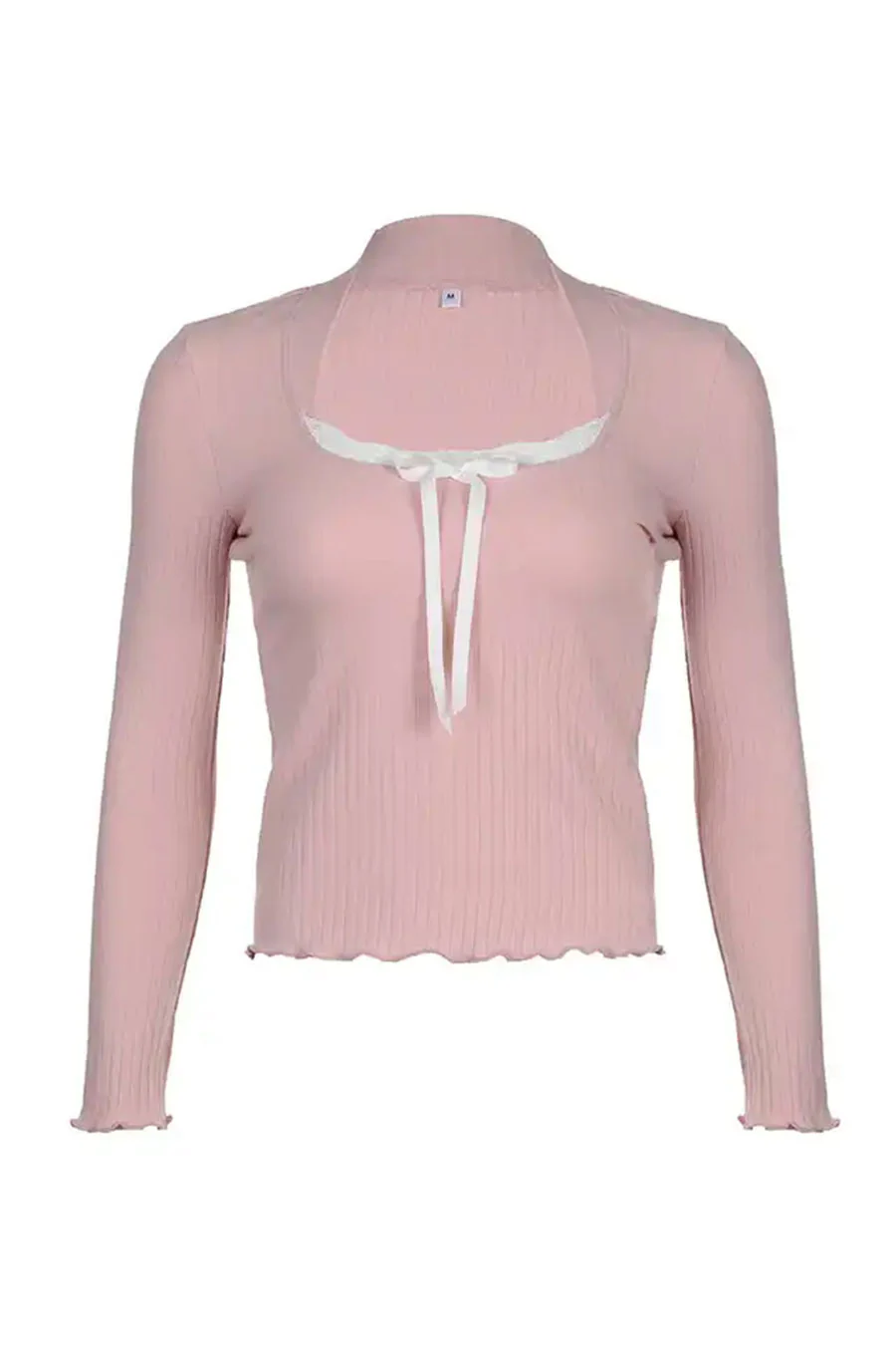 Y2K Coquette Lace Bow Detail Long Sleeve Wide Rib Top - Image 5