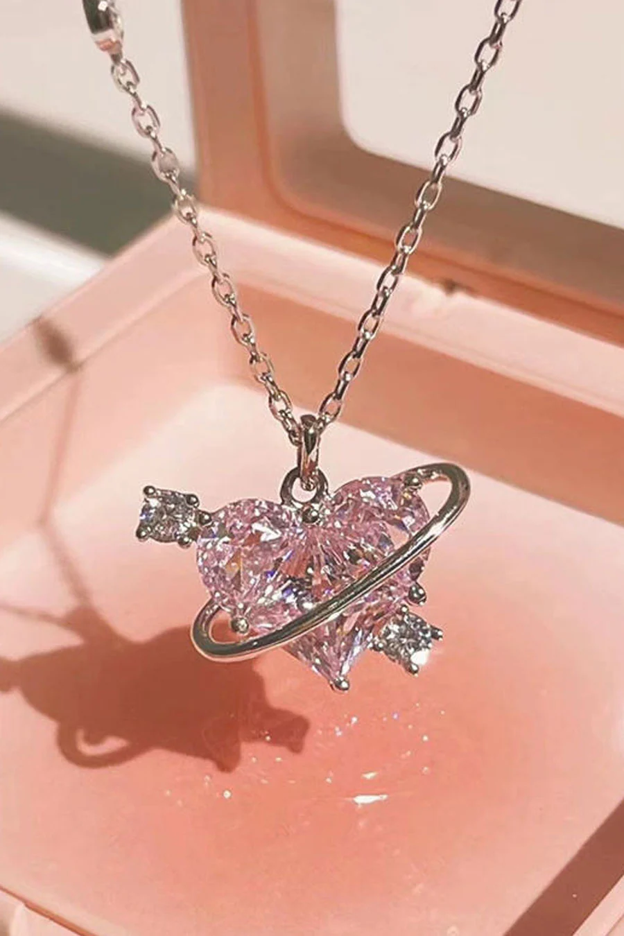 Y2K Crystal Pink Heart Saturn Pendant Necklace
