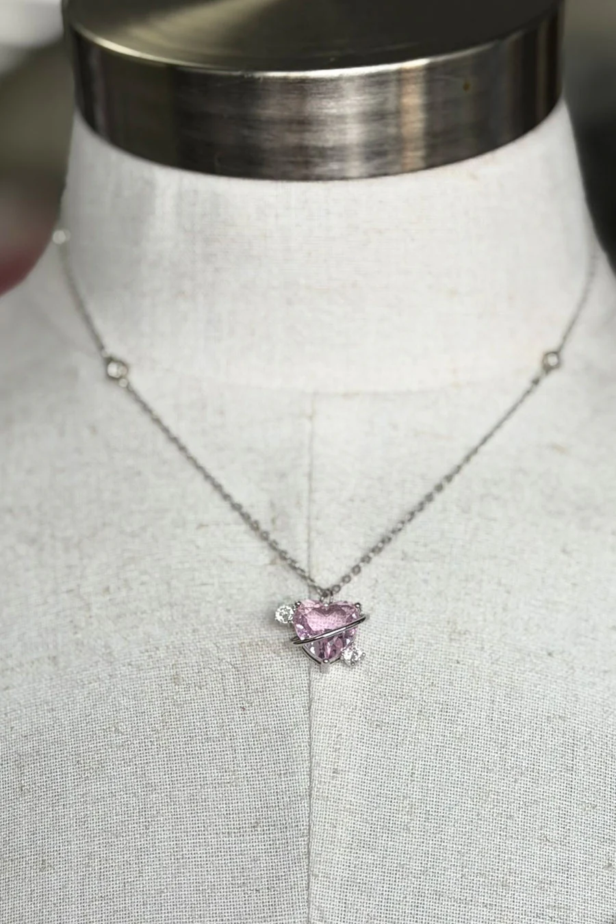 Y2K Crystal Pink Heart Saturn Pendant Necklace - Image 2