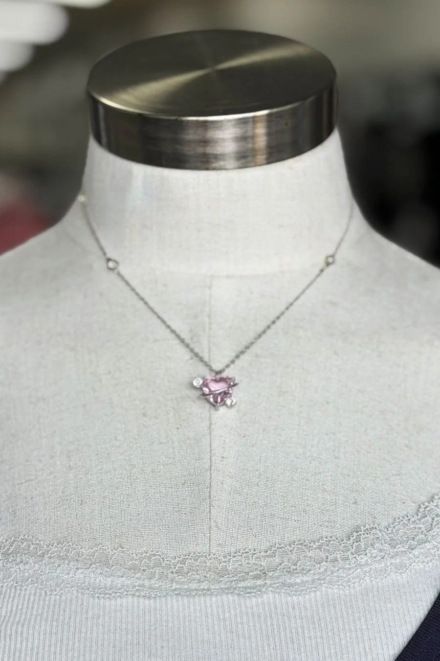 Y2K Crystal Pink Heart Saturn Pendant Necklace - Image 3
