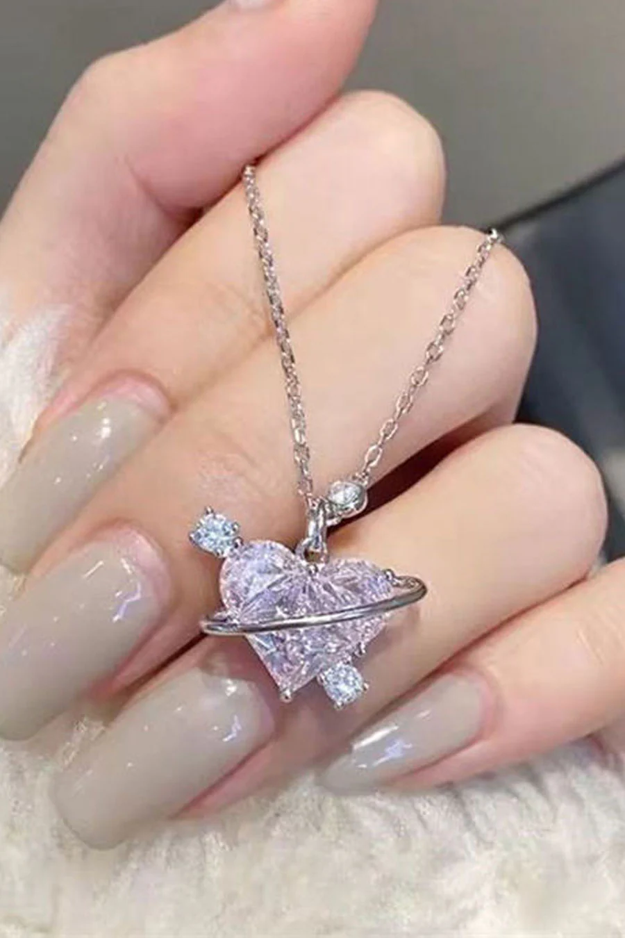 Y2K Crystal Pink Heart Saturn Pendant Necklace - Image 4