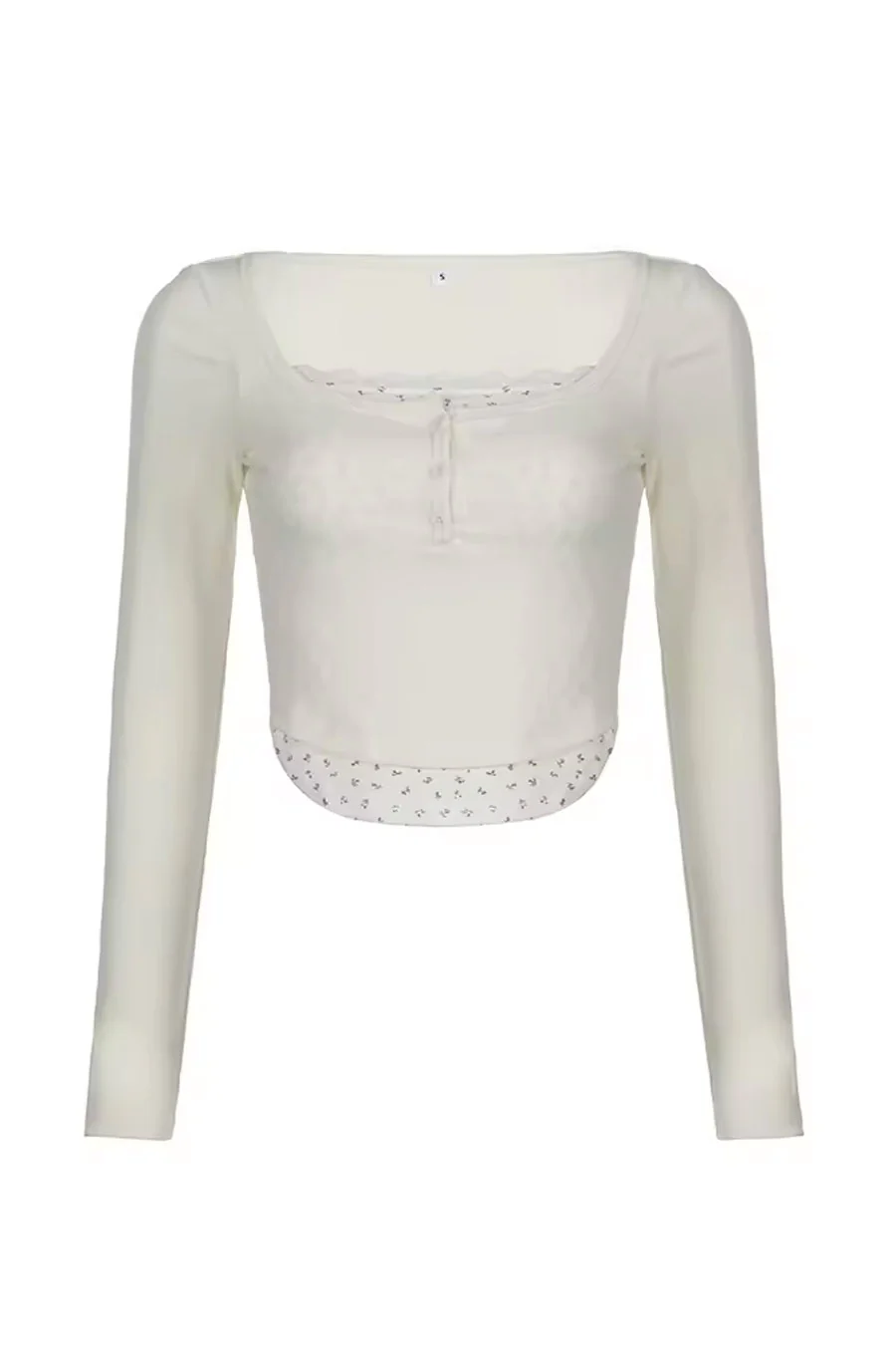 Y2K Ditsy Print Button-Front Layered Ribbed Long Sleeve Top - Image 4