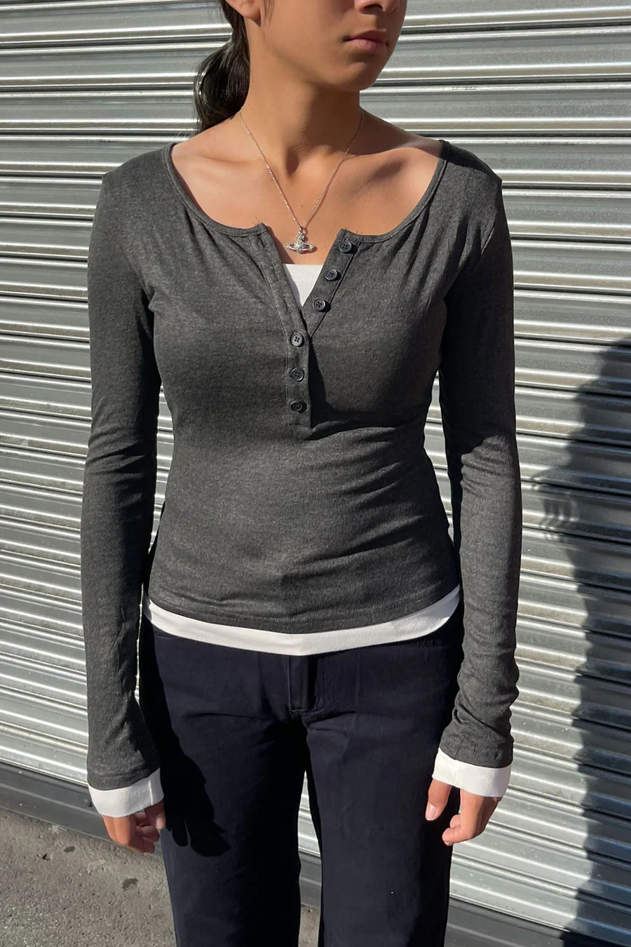 Y2K Faux Layered Long Sleeve Henley Knit Top - Image 4