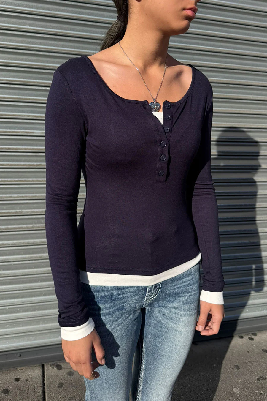 Y2K Faux Layered Long Sleeve Henley Knit Top - Image 6