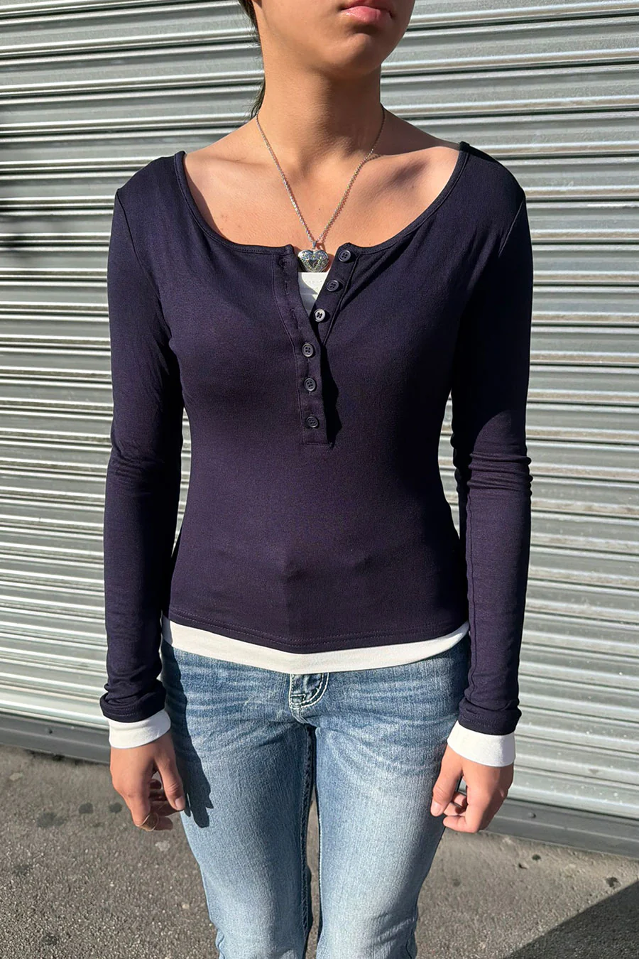 Y2K Faux Layered Long Sleeve Henley Knit Top - Image 7