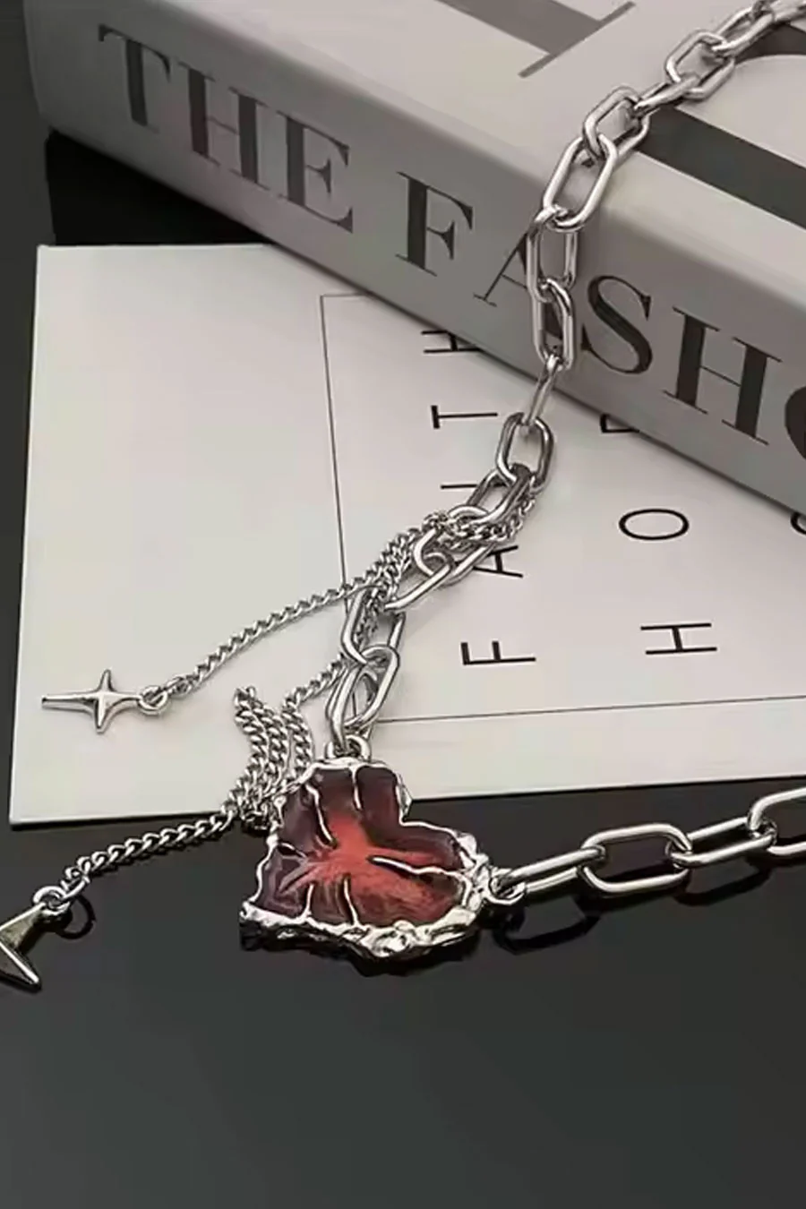 Y2K Gothic Red Crystal Heart Steel Chain Necklace - Image 4