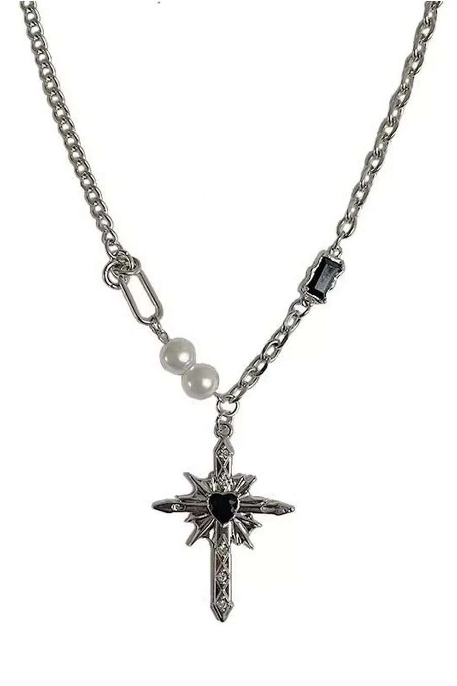 Y2K Gothic Stainless Steel Black Crystal Cross Pendant Necklace