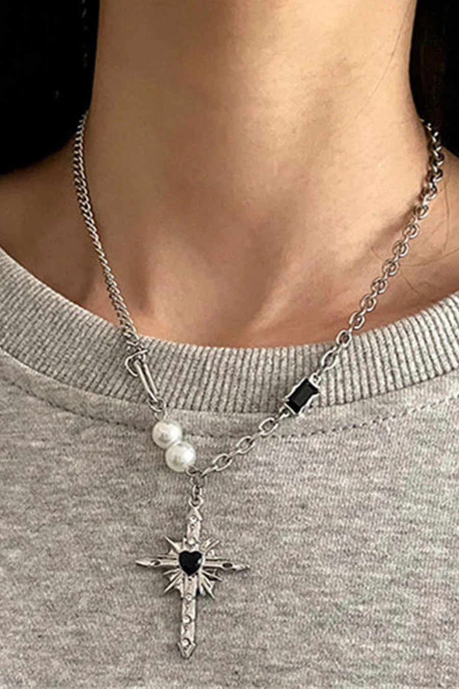Y2K Gothic Stainless Steel Black Crystal Cross Pendant Necklace - Image 2