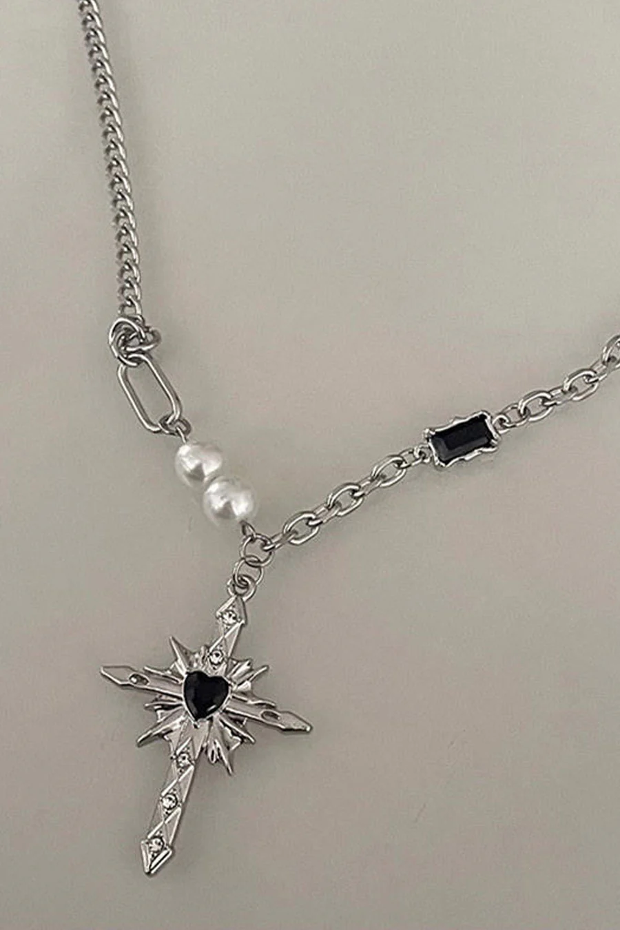 Y2K Gothic Stainless Steel Black Crystal Cross Pendant Necklace - Image 4