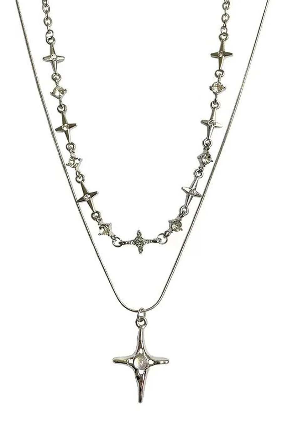 Y2K Gothic Titanium Steel Crystal Cross Pendant 2pcs Set Necklace
