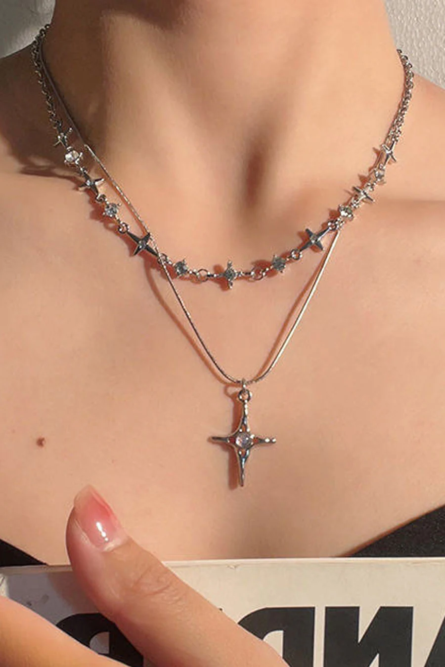 Y2K Gothic Titanium Steel Crystal Cross Pendant 2pcs Set Necklace - Image 2