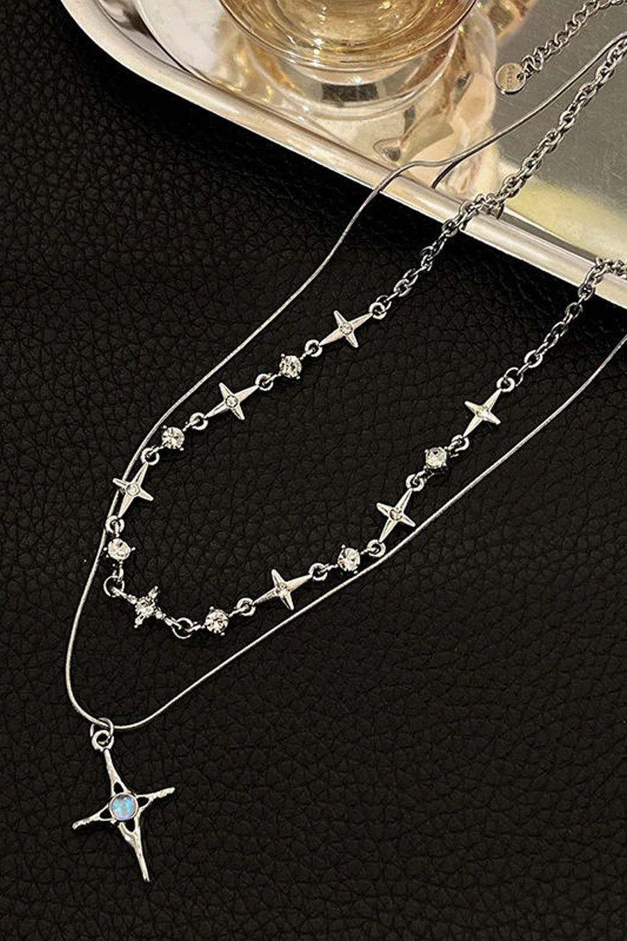 Y2K Gothic Titanium Steel Crystal Cross Pendant 2pcs Set Necklace - Image 3