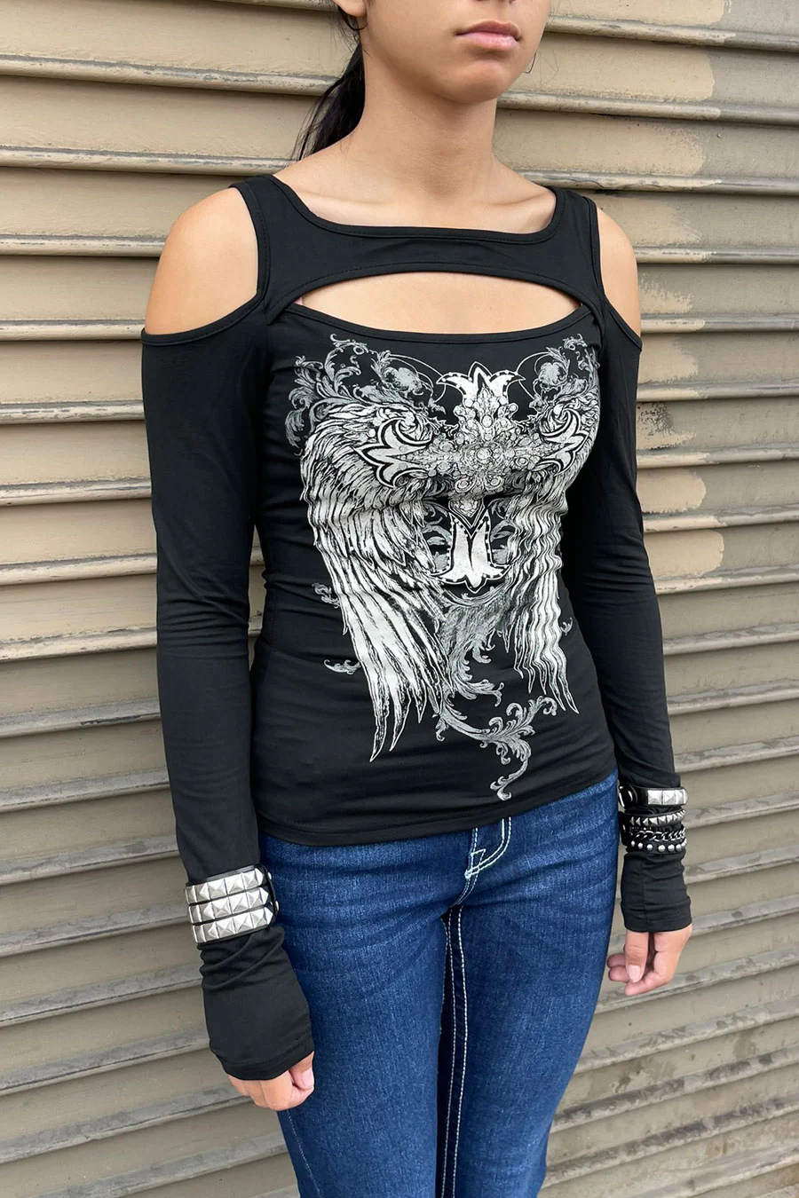 Y2K Grunge/Gothic Cross & Wring Printed Long Sleeve Cut-Out T-Shirt - Image 3