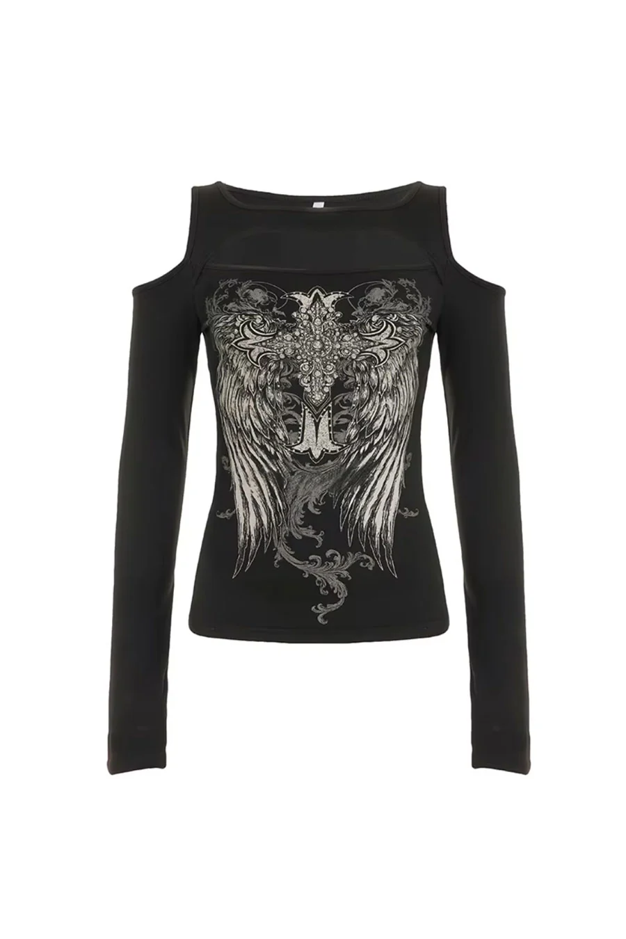 Y2K Grunge/Gothic Cross & Wring Printed Long Sleeve Cut-Out T-Shirt - Image 5