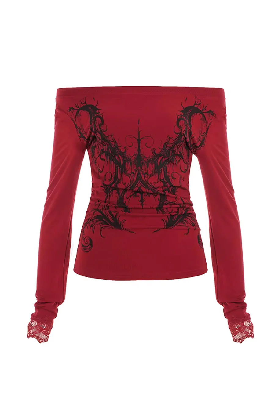 Y2K Grunge Gothic Graphic Print Off-The-Shoulder Long Sleeve Top with Lace Detail - Image 5
