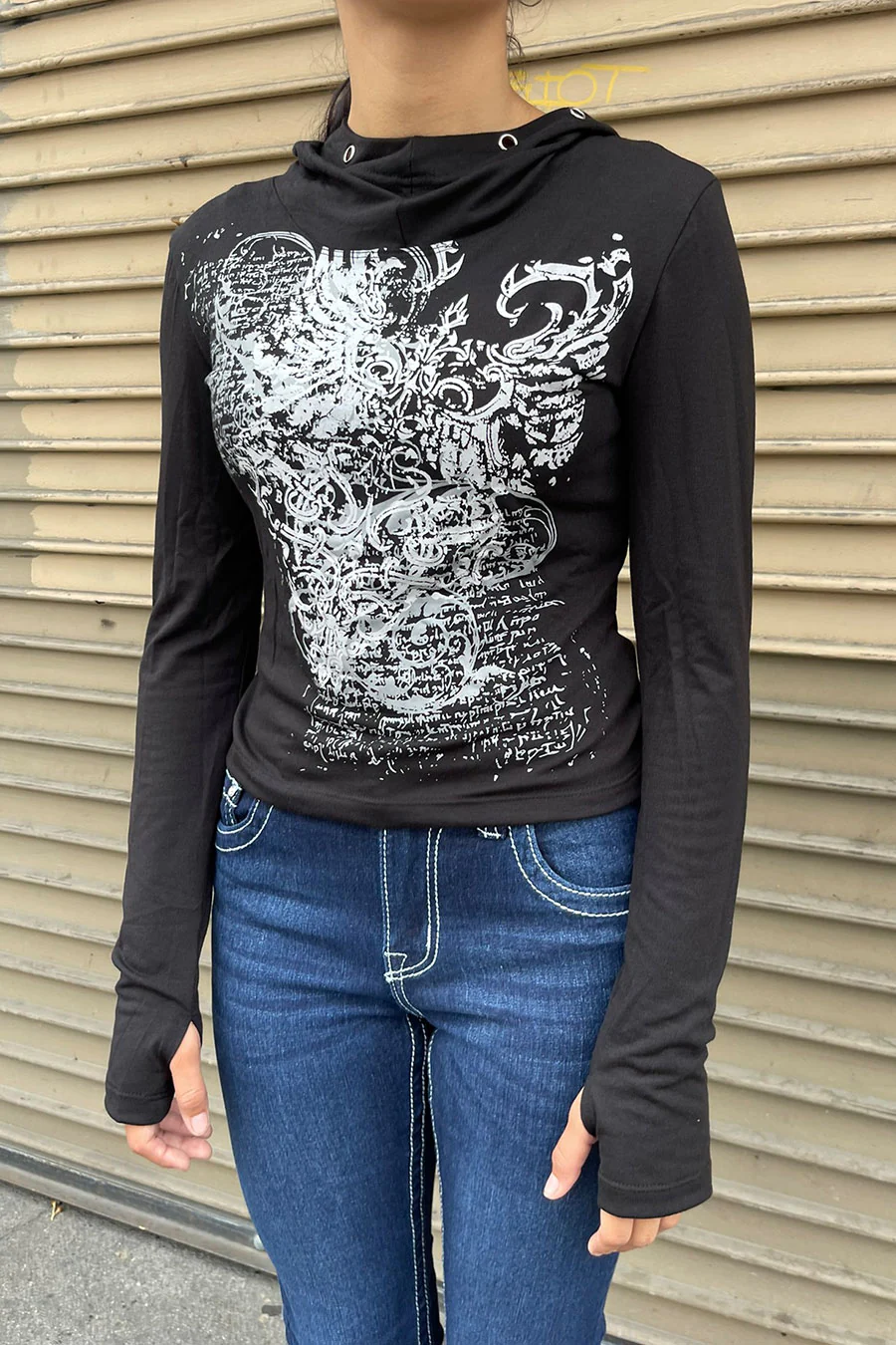 Y2K Grunge/Gothic Long Sleeve Graphic Shirt with Metal-Eyelet Detailed Hoodie and Thumb Hole